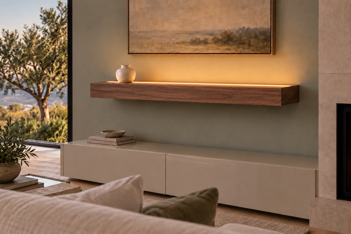 Gentry Stinson Walnut Floating Shelf | 42″ long × 4″ thick | Standard Mount | Natural | LED Light Ready — Top Front location; rendering with separately supplied LED tape