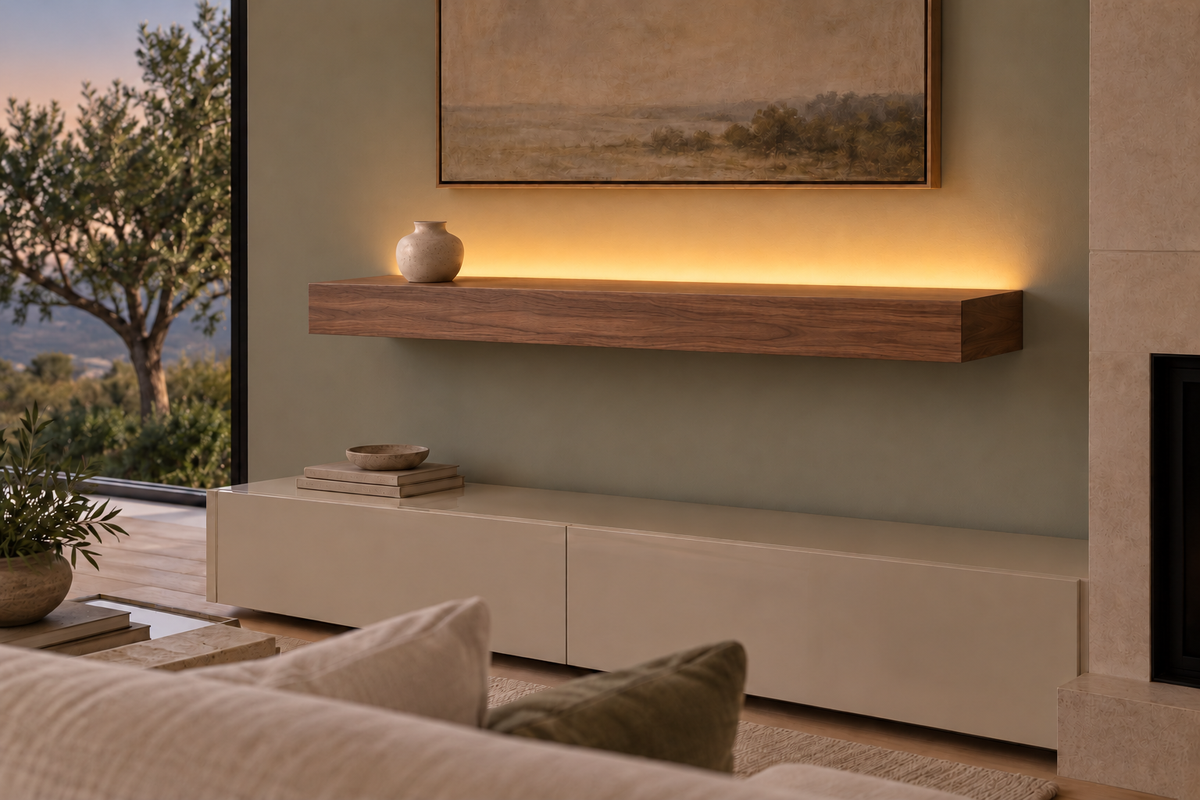 Gentry Stinson Walnut Floating Shelf | 42″ long × 4″ thick | Standard Mount | Natural | LED Light Ready — Top Rear location; rendering with separately supplied LED tape