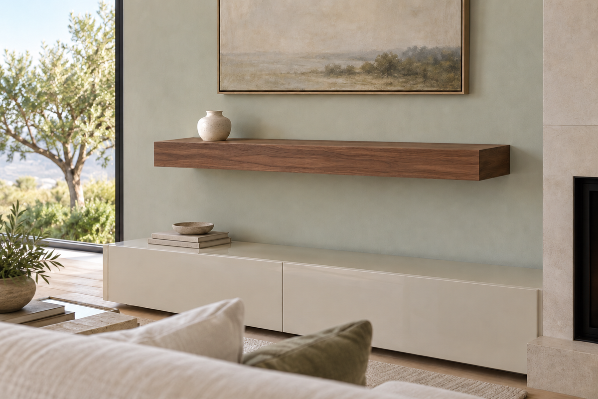 42 × 10 × 4 inch natural walnut floating shelf, standard mount, unlit, living-room rendering
