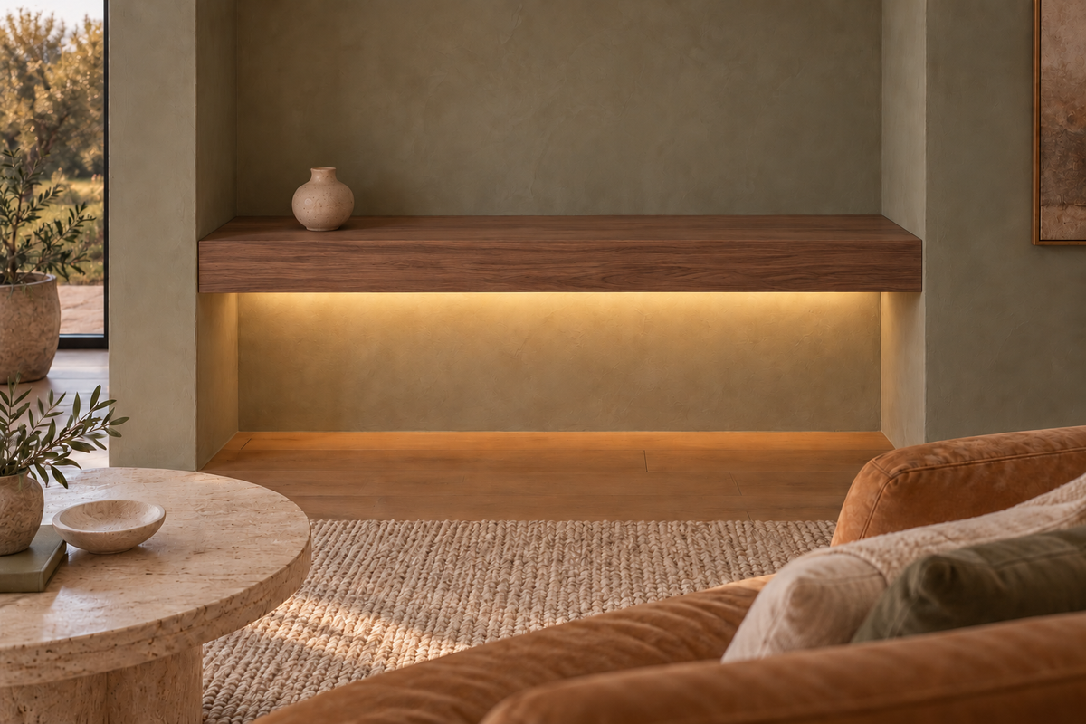 Gentry Stinson Walnut Floating Shelf | 42″ long × 4″ thick | Wall to Wall | Natural | LED Light Ready — Bottom Rear location; rendering with separately supplied LED tape