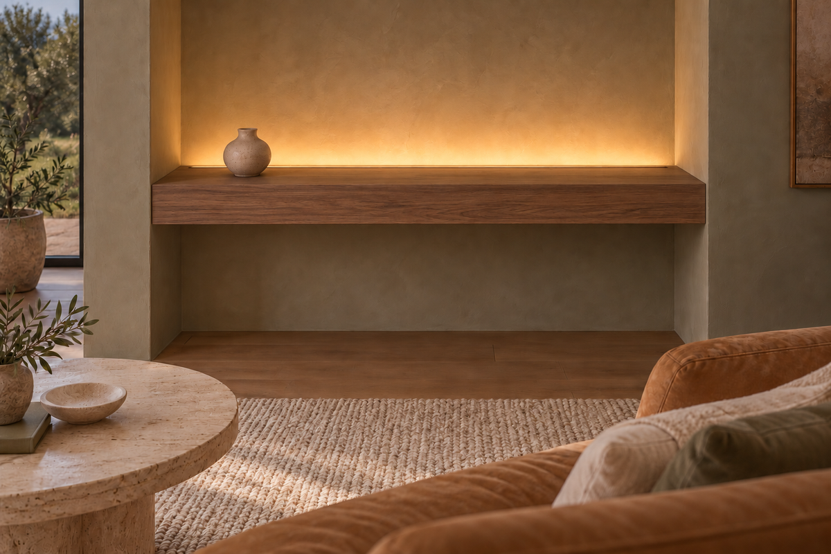 Gentry Stinson Walnut Floating Shelf | 42″ long × 4″ thick | Wall to Wall | Natural | LED Light Ready — Top Rear location; rendering with separately supplied LED tape