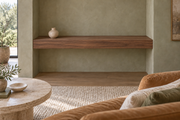 42-inch long, 4-inch thick natural walnut floating shelf, wall-to-wall mount, unlit, living-room rendering