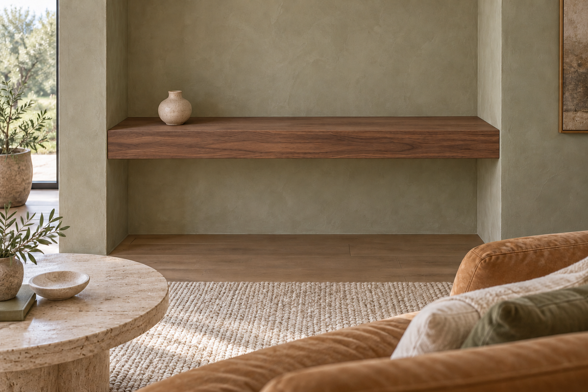 42-inch long, 4-inch thick natural walnut floating shelf, wall-to-wall mount, unlit, living-room rendering