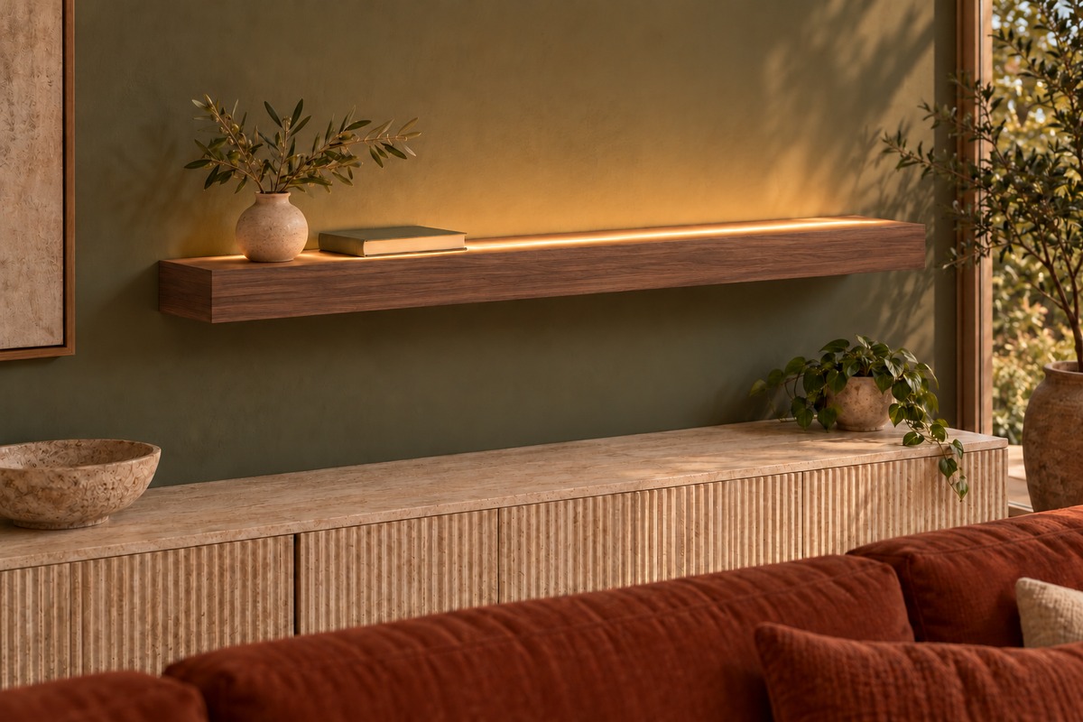 42 × 8 × 3 inch natural walnut floating shelf, standard mount, LED-ready Top Front location shown with separately supplied lighting, living-room rendering