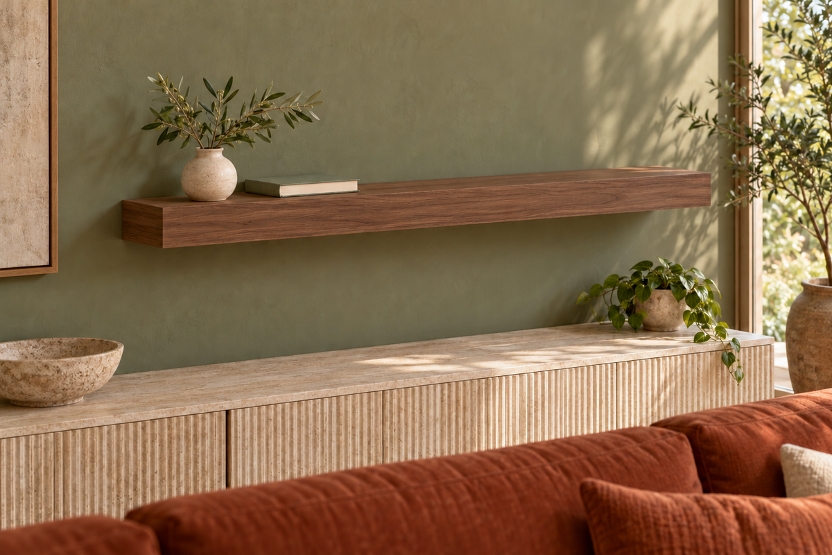 42 × 8 × 3 inch natural walnut floating shelf, standard mount, unlit, living-room rendering