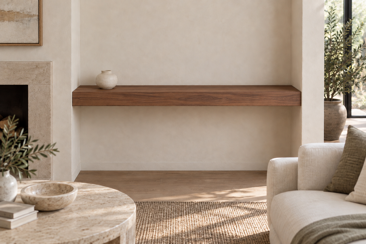42 × 8 × 3 inch natural walnut floating shelf, wall-to-wall mount, unlit, living-room rendering