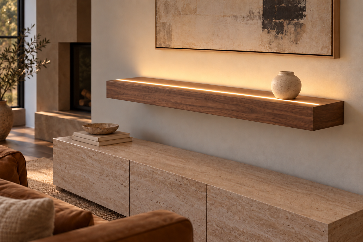 42 × 8 × 4 inch natural walnut floating shelf, standard mount, LED-ready Top Front location shown with separately supplied lighting, living-room rendering