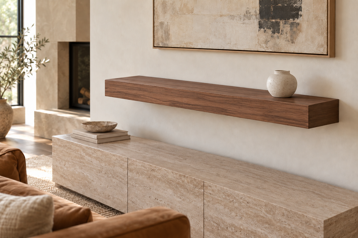 42 × 8 × 4 inch natural walnut floating shelf, standard mount, unlit, living-room rendering