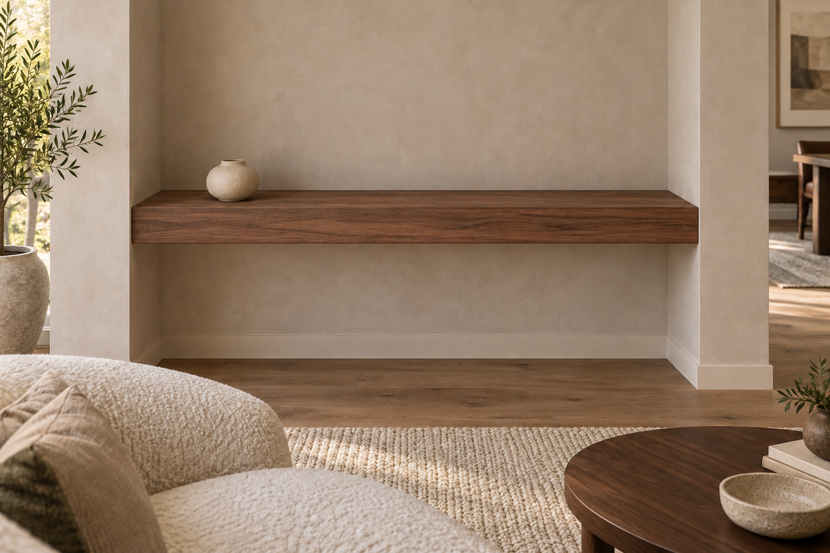 42 × 8 × 4 inch natural walnut floating shelf, wall-to-wall mount, unlit, living-room rendering