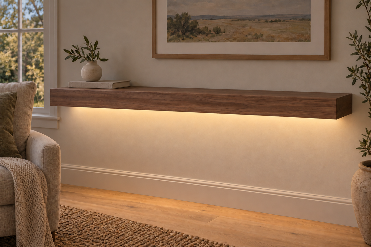 48-inch long, 3-inch thick natural walnut floating shelf, standard mount, LED-ready Bottom Front location shown with separately supplied lighting, living-room rendering