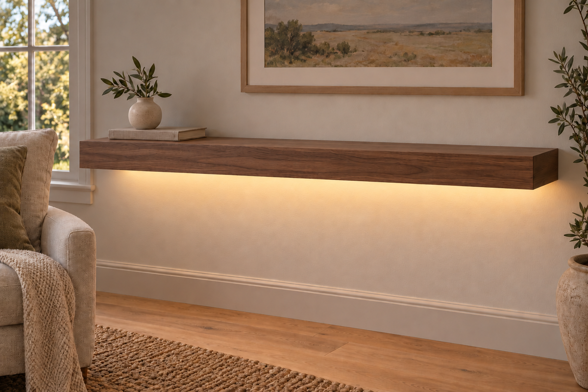 48-inch long, 3-inch thick natural walnut floating shelf, standard mount, LED-ready Bottom Rear location shown with separately supplied lighting, living-room rendering