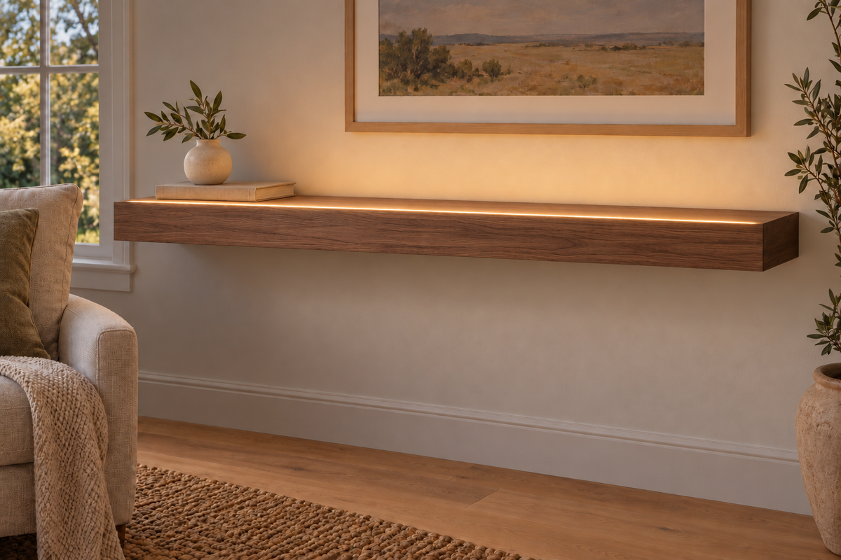 48-inch long, 3-inch thick natural walnut floating shelf, standard mount, LED-ready Top Front location shown with separately supplied lighting, living-room rendering