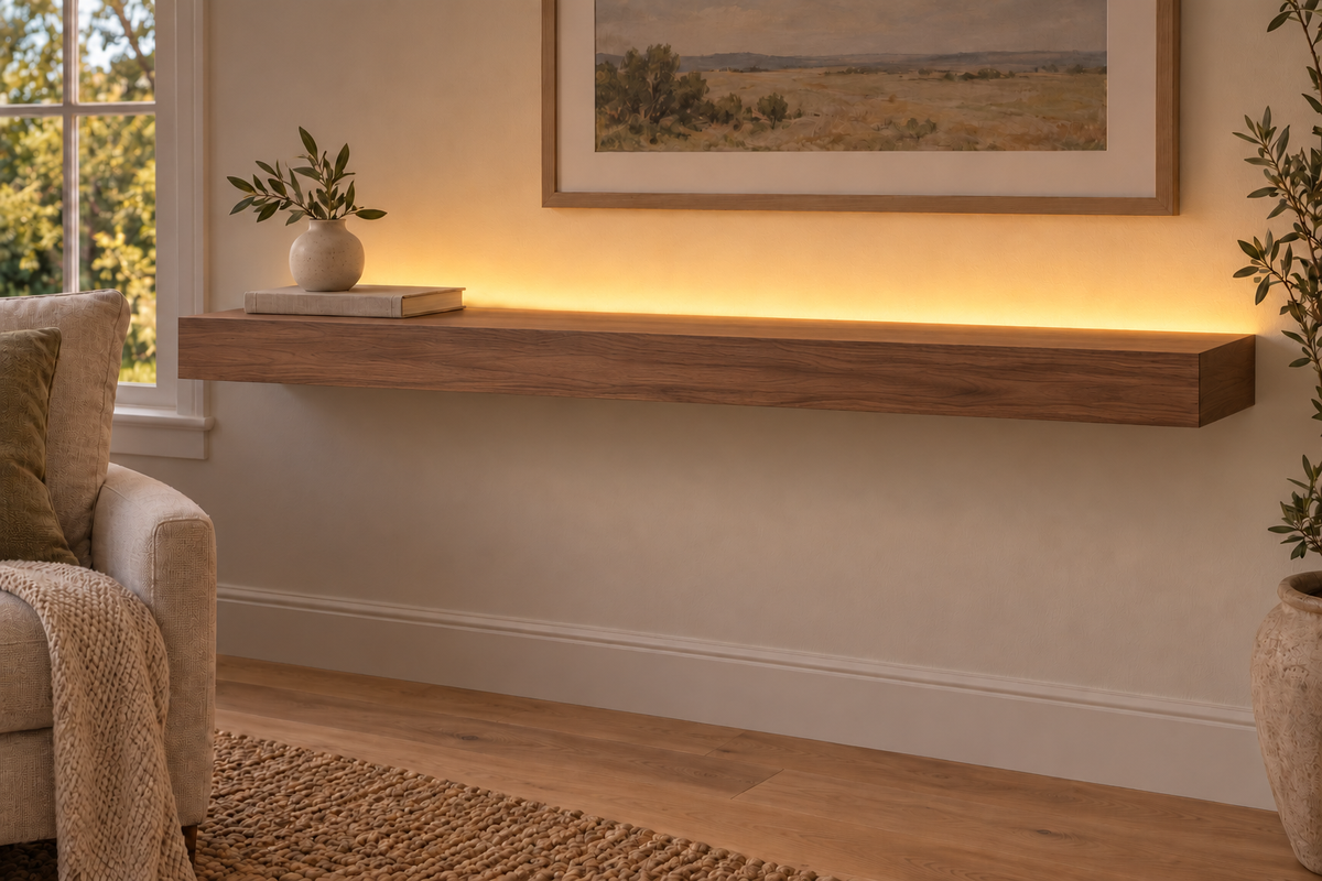 48-inch long, 3-inch thick natural walnut floating shelf, standard mount, LED-ready Top Rear location shown with separately supplied lighting, living-room rendering
