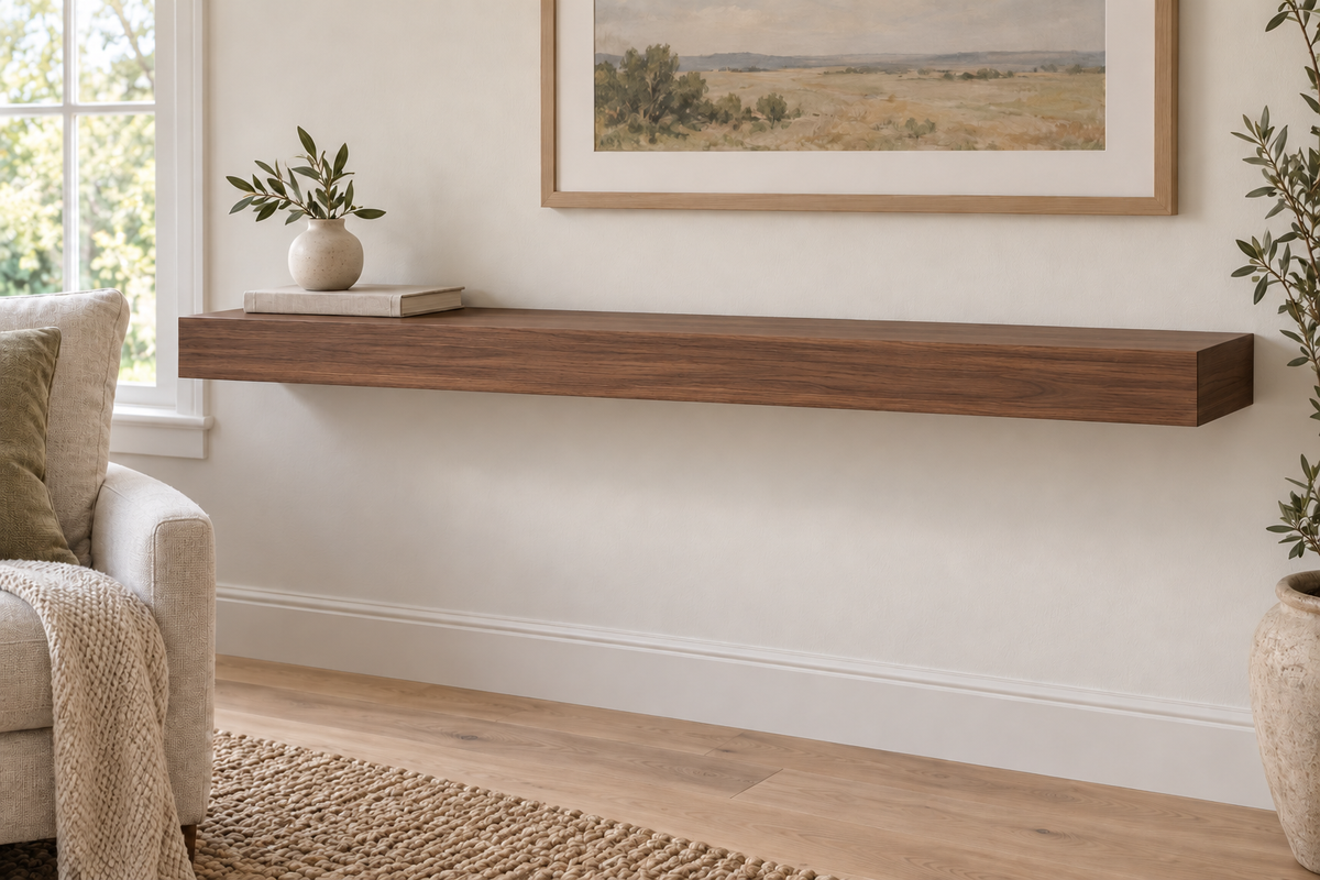 48-inch long, 3-inch thick natural walnut floating shelf, standard mount, unlit, living-room rendering