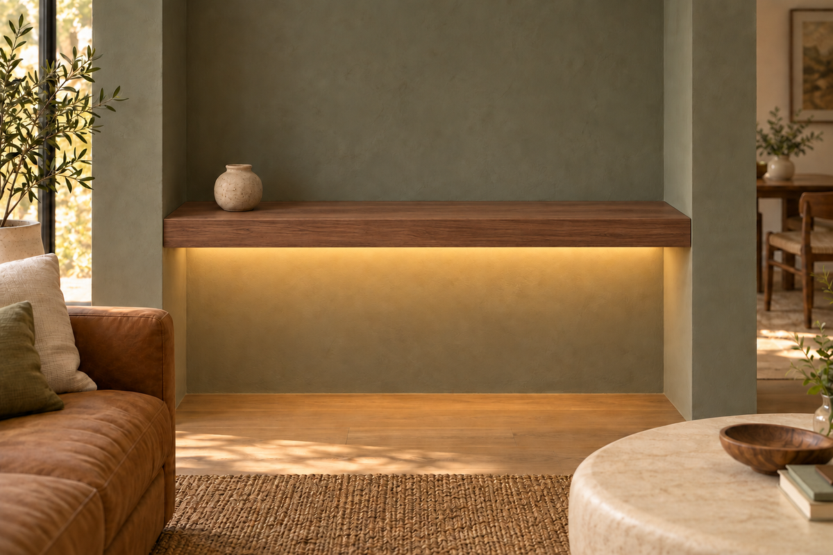 Gentry Stinson Walnut Floating Shelf | 48″ long × 3″ thick | Wall to Wall | Natural | LED Light Ready — Bottom Front location; rendering with separately supplied LED tape