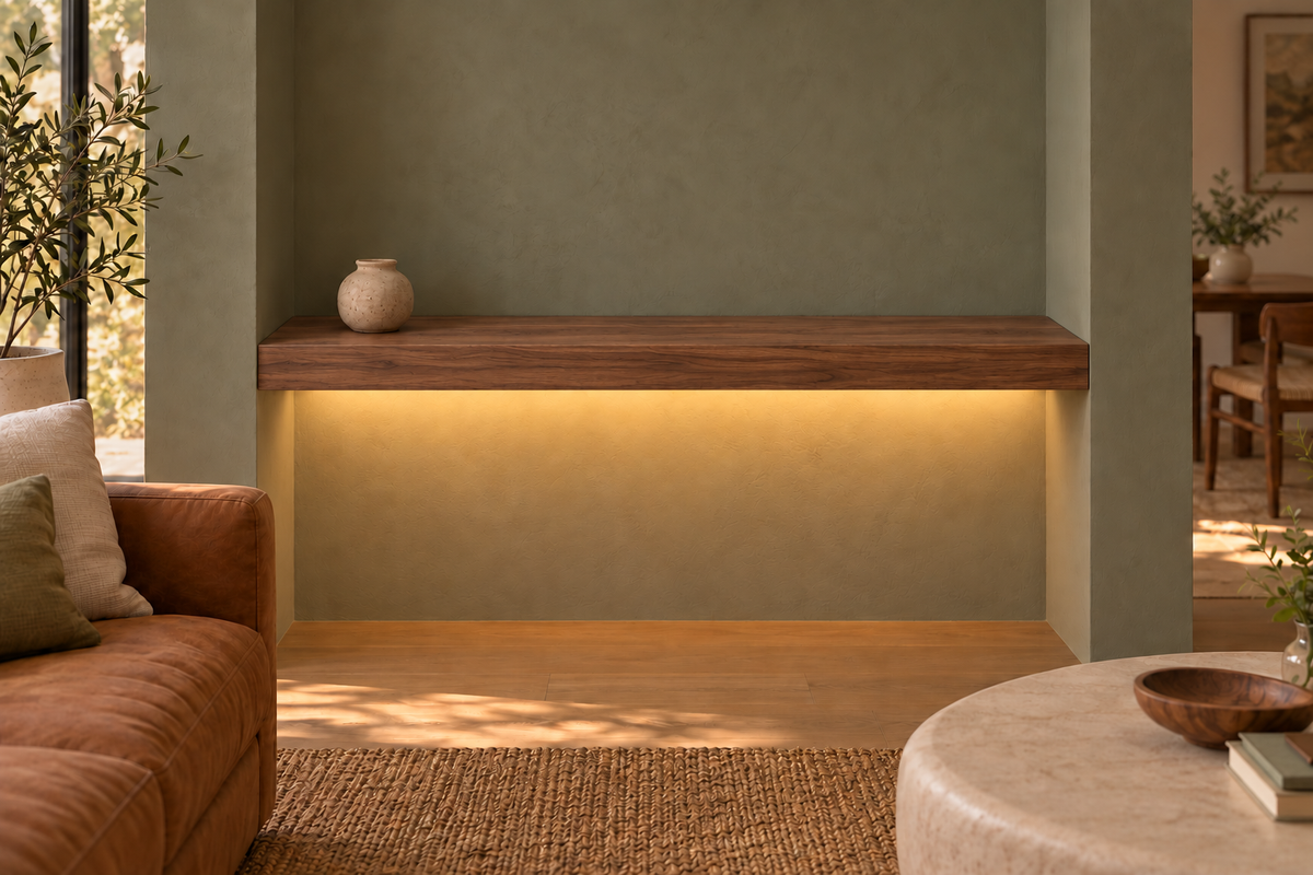 Gentry Stinson Walnut Floating Shelf | 48″ long × 3″ thick | Wall to Wall | Natural | LED Light Ready — Bottom Rear location; rendering with separately supplied LED tape