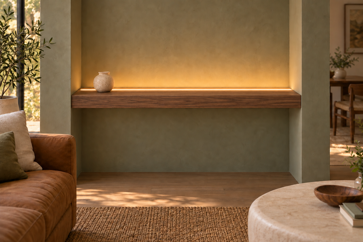 Gentry Stinson Walnut Floating Shelf | 48″ long × 3″ thick | Wall to Wall | Natural | LED Light Ready — Top Front location; rendering with separately supplied LED tape
