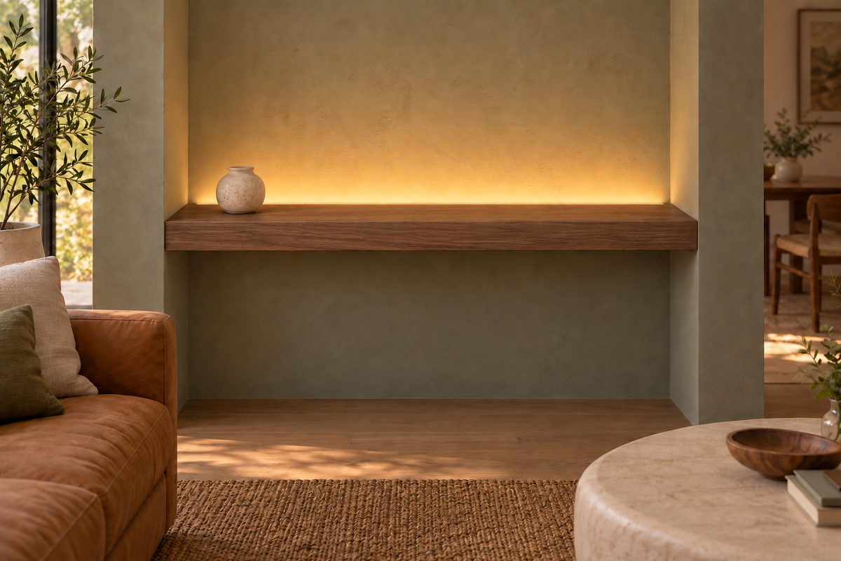 Gentry Stinson Walnut Floating Shelf | 48″ long × 3″ thick | Wall to Wall | Natural | LED Light Ready — Top Rear location; rendering with separately supplied LED tape