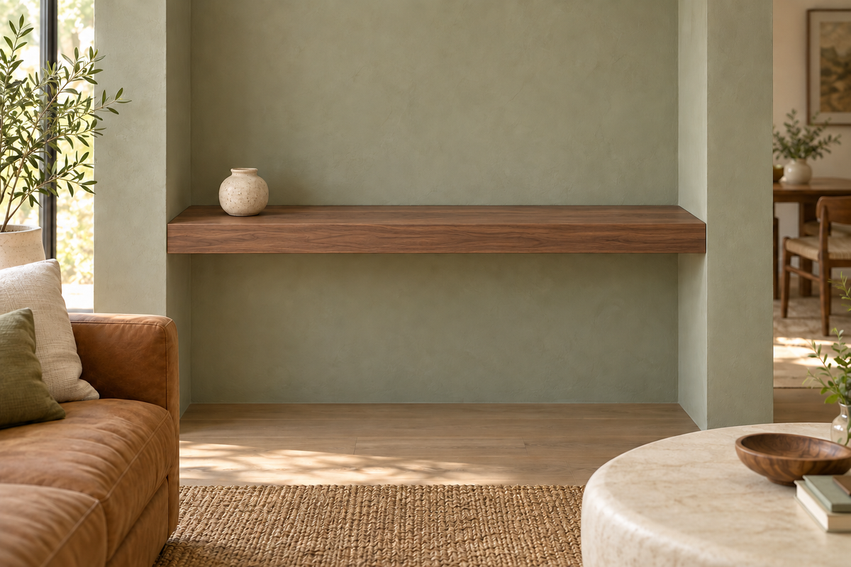 48 × 10 × 3 inch natural walnut floating shelf, wall-to-wall mount, unlit, living-room rendering