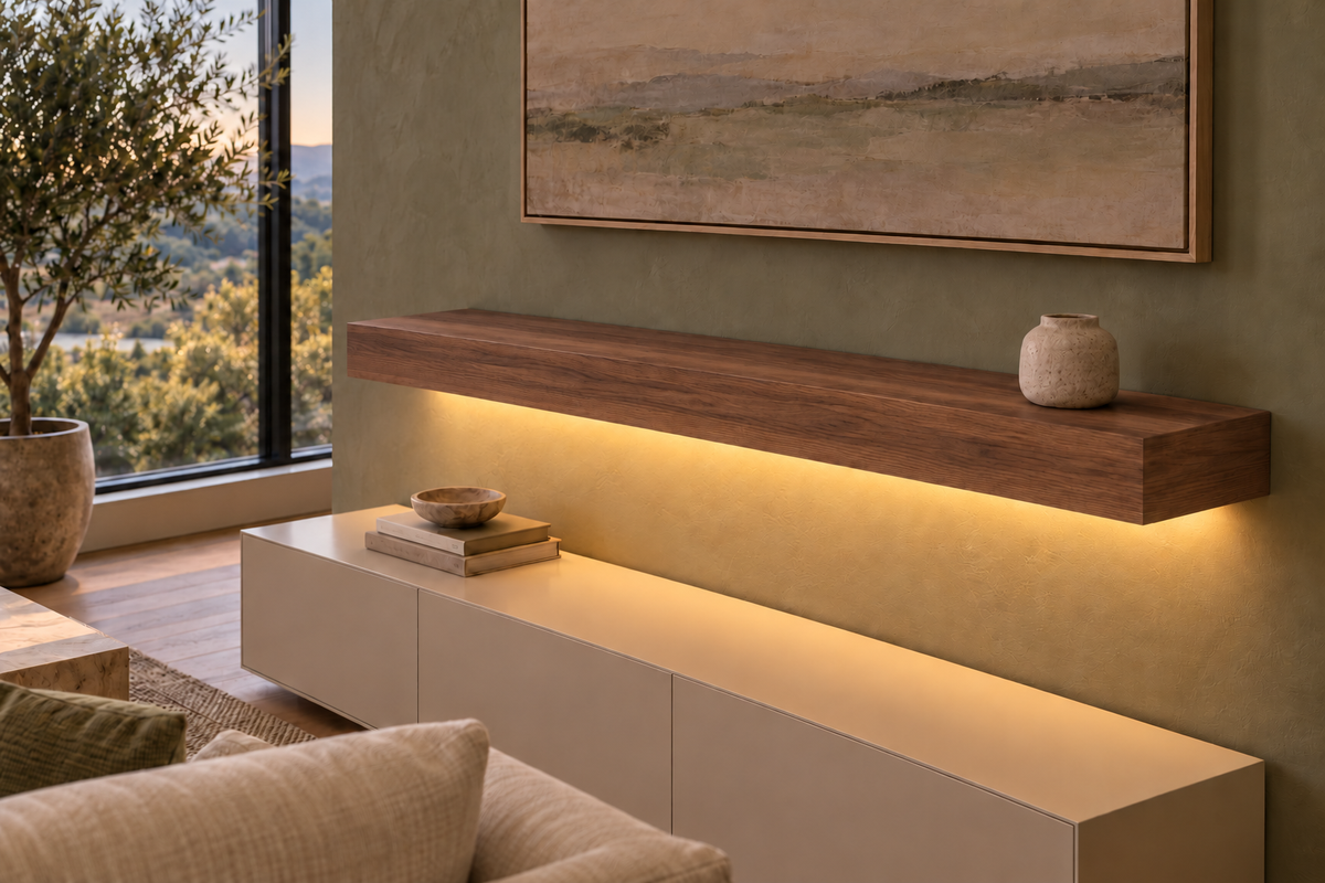 Gentry Stinson Walnut Floating Shelf | 48″ long × 4″ thick | Standard Mount | Natural | LED Light Ready — Bottom Front location; rendering with separately supplied LED tape