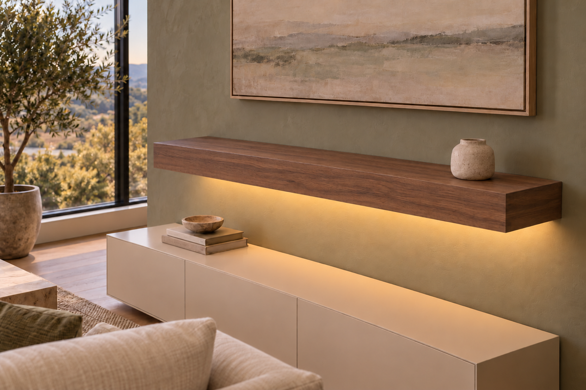 Gentry Stinson Walnut Floating Shelf | 48″ long × 4″ thick | Standard Mount | Natural | LED Light Ready — Bottom Rear location; rendering with separately supplied LED tape