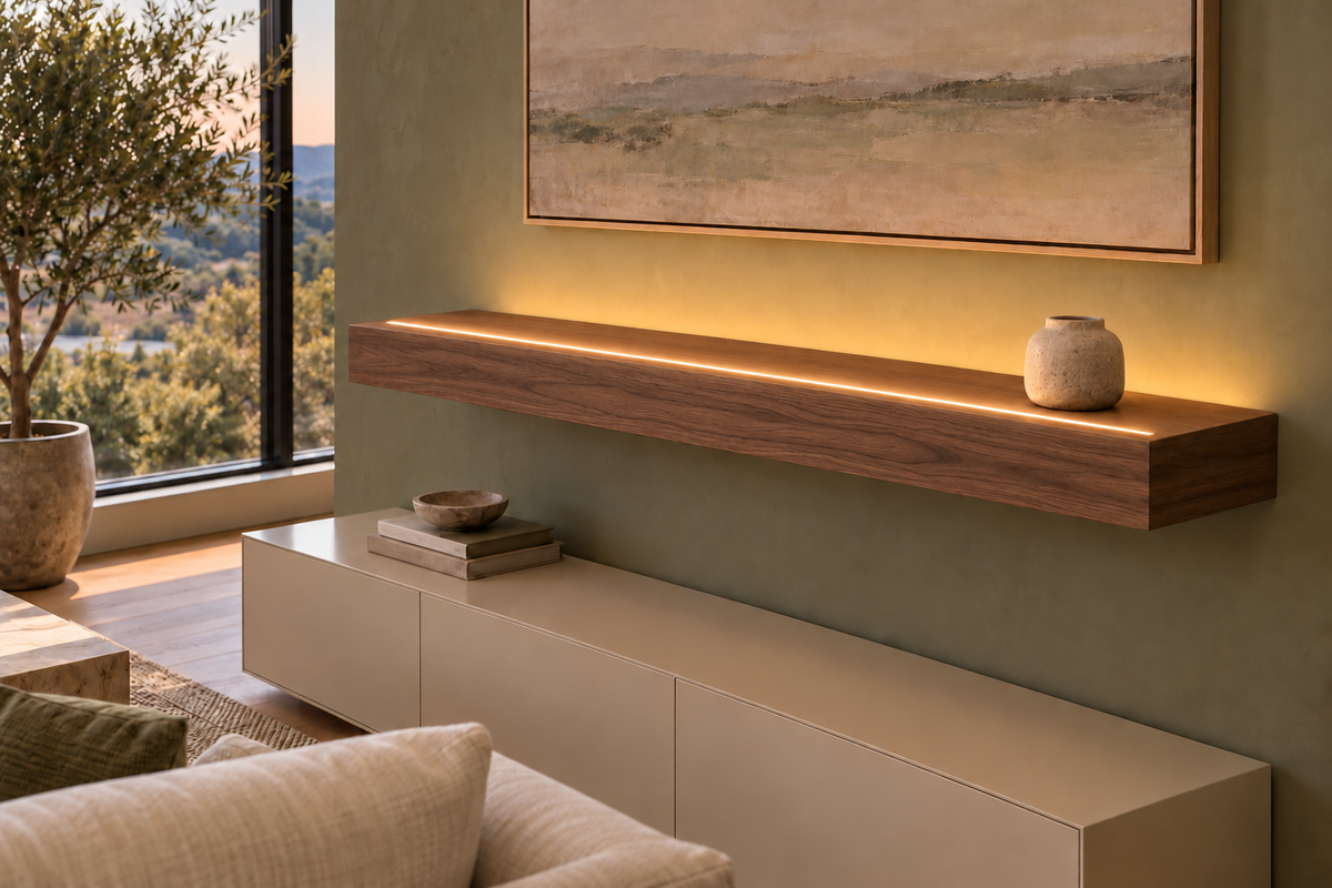 Gentry Stinson Walnut Floating Shelf | 48″ long × 4″ thick | Standard Mount | Natural | LED Light Ready — Top Front location; rendering with separately supplied LED tape