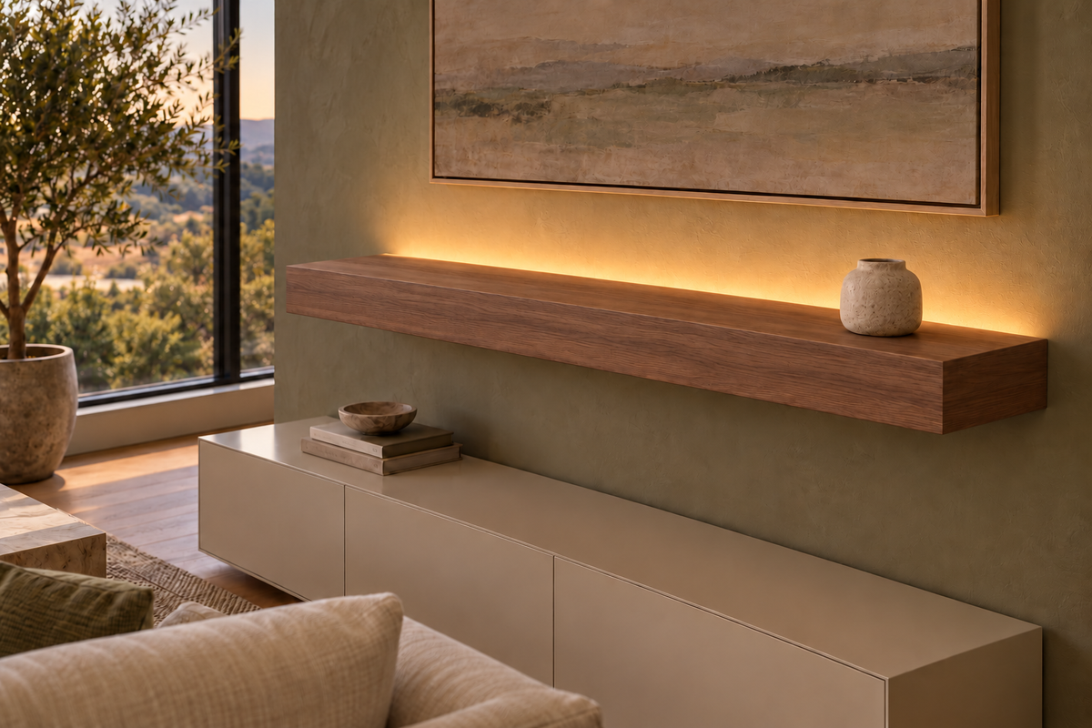 Gentry Stinson Walnut Floating Shelf | 48″ long × 4″ thick | Standard Mount | Natural | LED Light Ready — Top Rear location; rendering with separately supplied LED tape