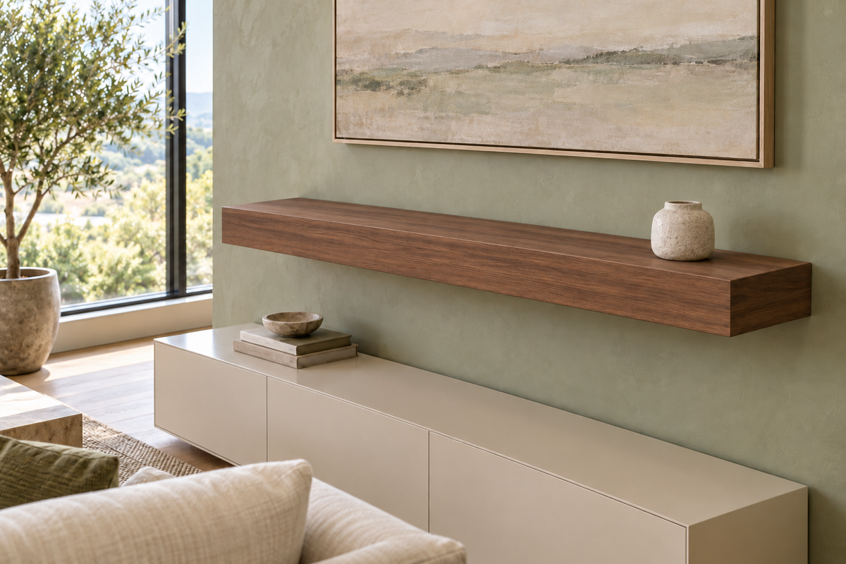 48 × 10 × 4 inch natural walnut floating shelf, standard mount, unlit, living-room rendering