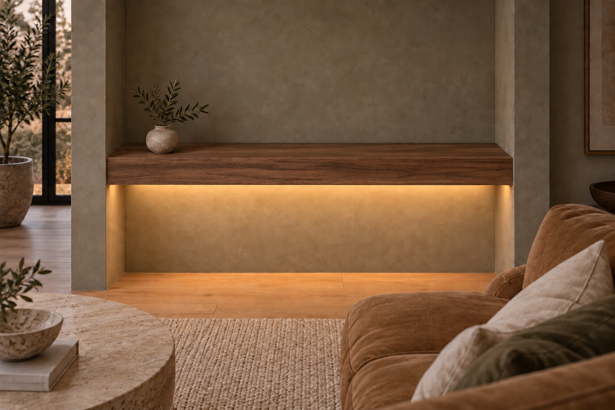 Gentry Stinson Walnut Floating Shelf | 48″ long × 4″ thick | Wall to Wall | Natural | LED Light Ready — Bottom Front location; rendering with separately supplied LED tape