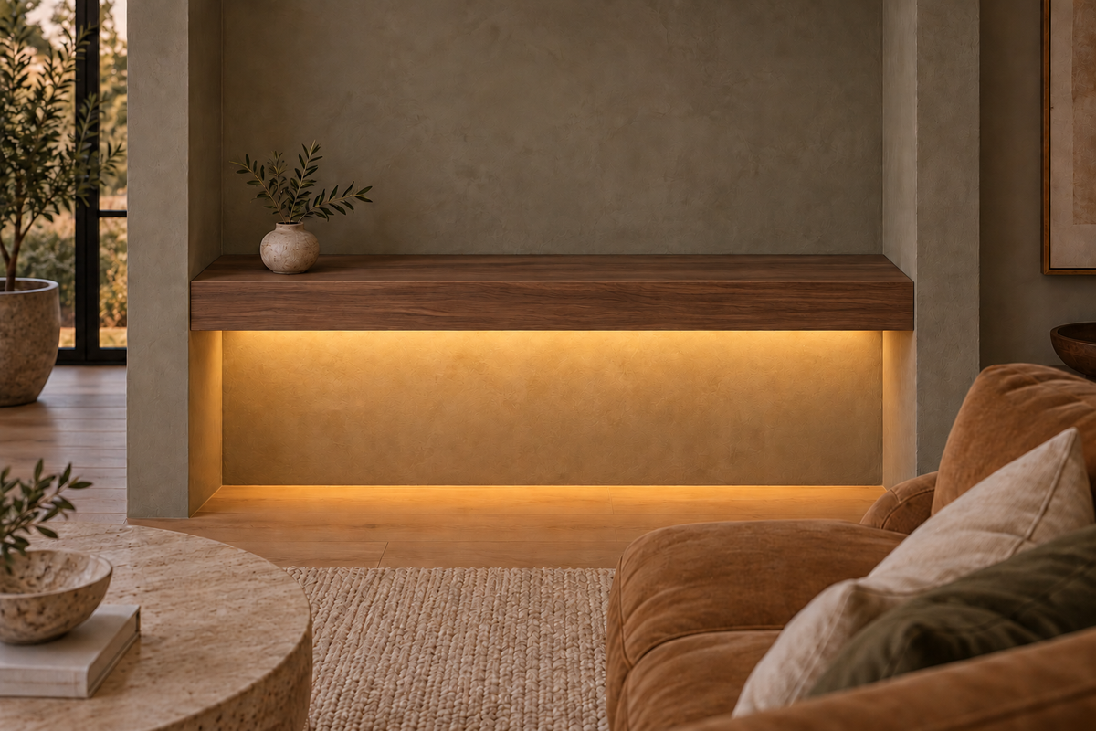 Gentry Stinson Walnut Floating Shelf | 48″ long × 4″ thick | Wall to Wall | Natural | LED Light Ready — Bottom Rear location; rendering with separately supplied LED tape