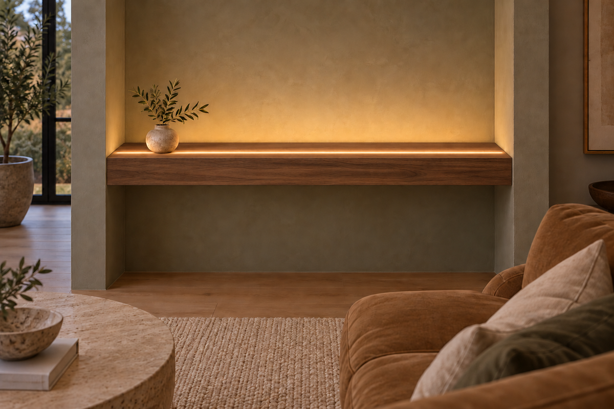 Gentry Stinson Walnut Floating Shelf | 48″ long × 4″ thick | Wall to Wall | Natural | LED Light Ready — Top Front location; rendering with separately supplied LED tape
