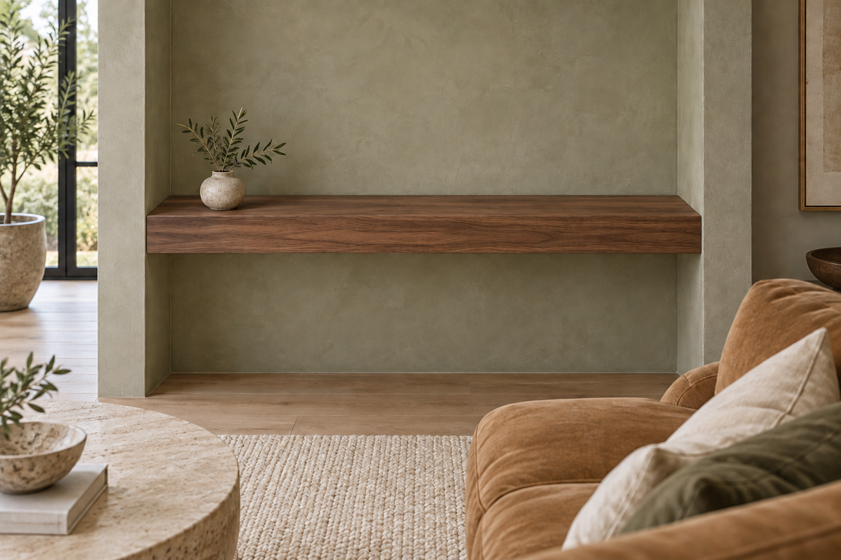48-inch long, 4-inch thick natural walnut floating shelf, wall-to-wall mount, unlit, living-room rendering