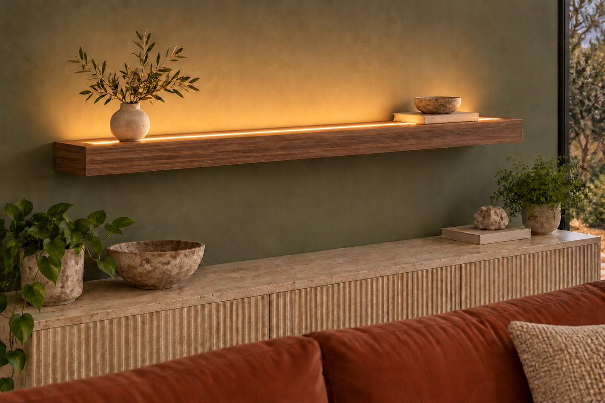 48 × 8 × 3 inch natural walnut floating shelf, standard mount, LED-ready Top Front location shown with separately supplied lighting, living-room rendering