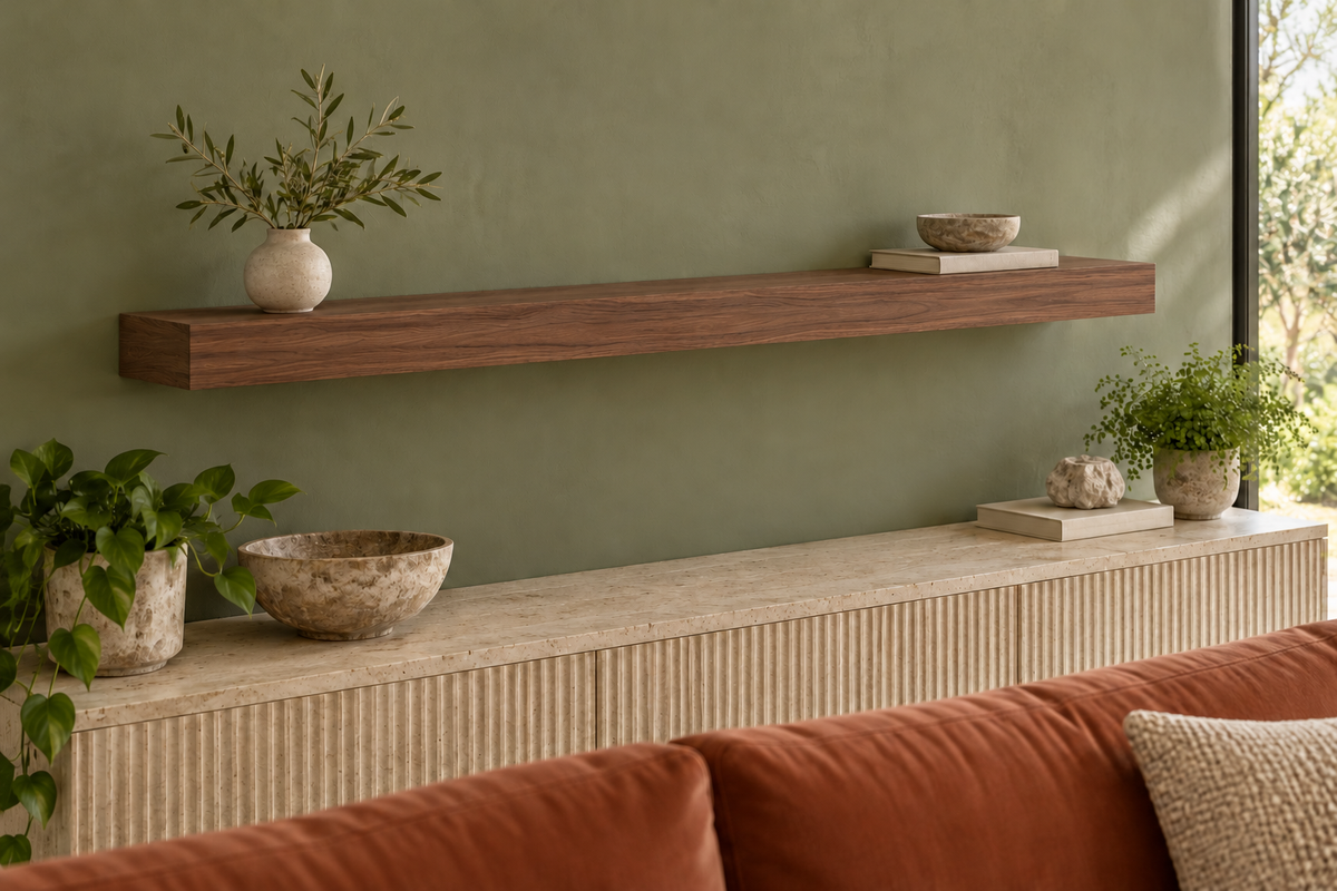 48 × 8 × 3 inch natural walnut floating shelf, standard mount, unlit, living-room rendering