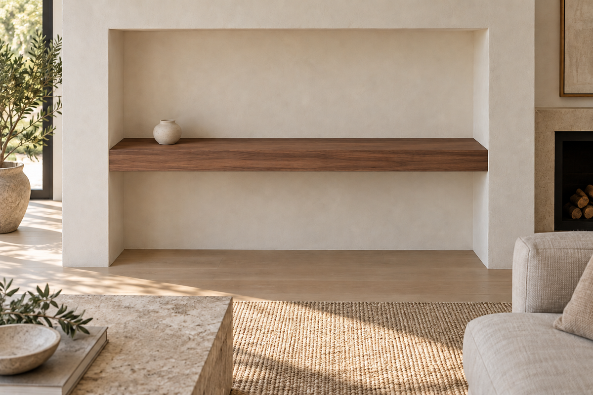 48 × 8 × 3 inch natural walnut floating shelf, wall-to-wall mount, unlit, living-room rendering