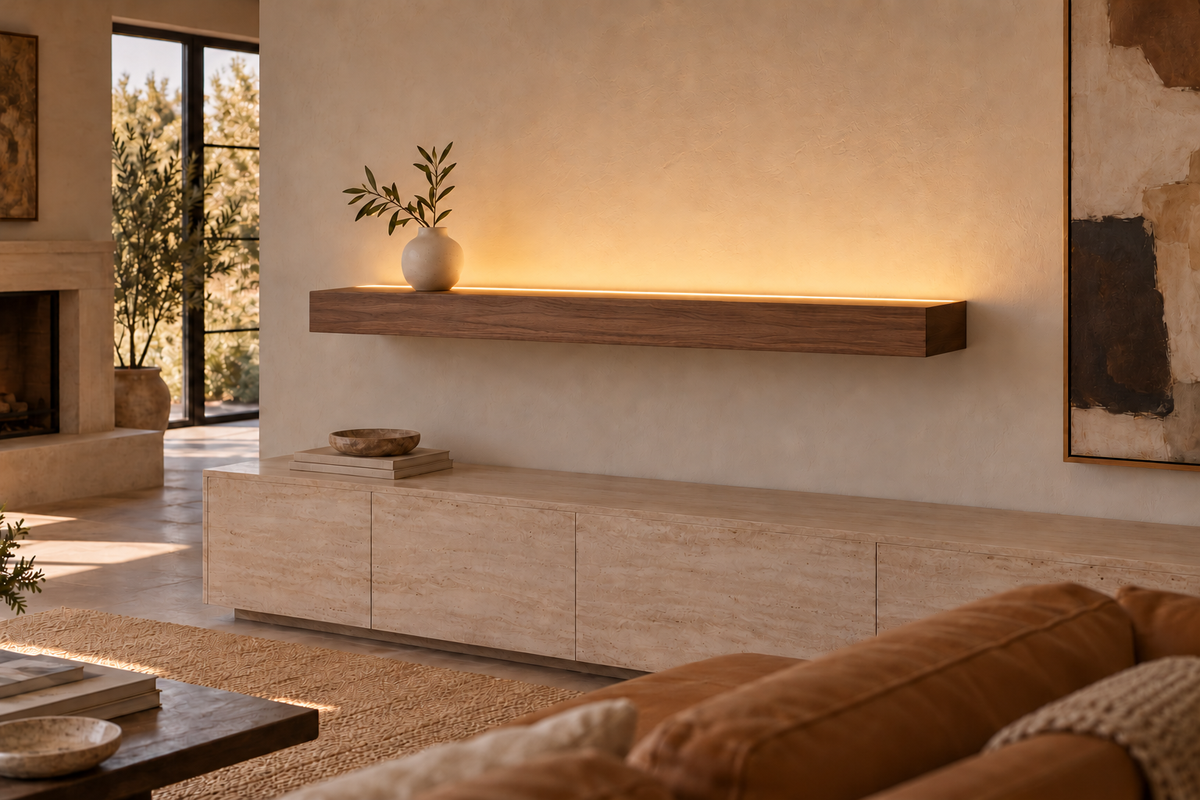 48 × 8 × 4 inch natural walnut floating shelf, standard mount, LED-ready Top Front location shown with separately supplied lighting, living-room rendering