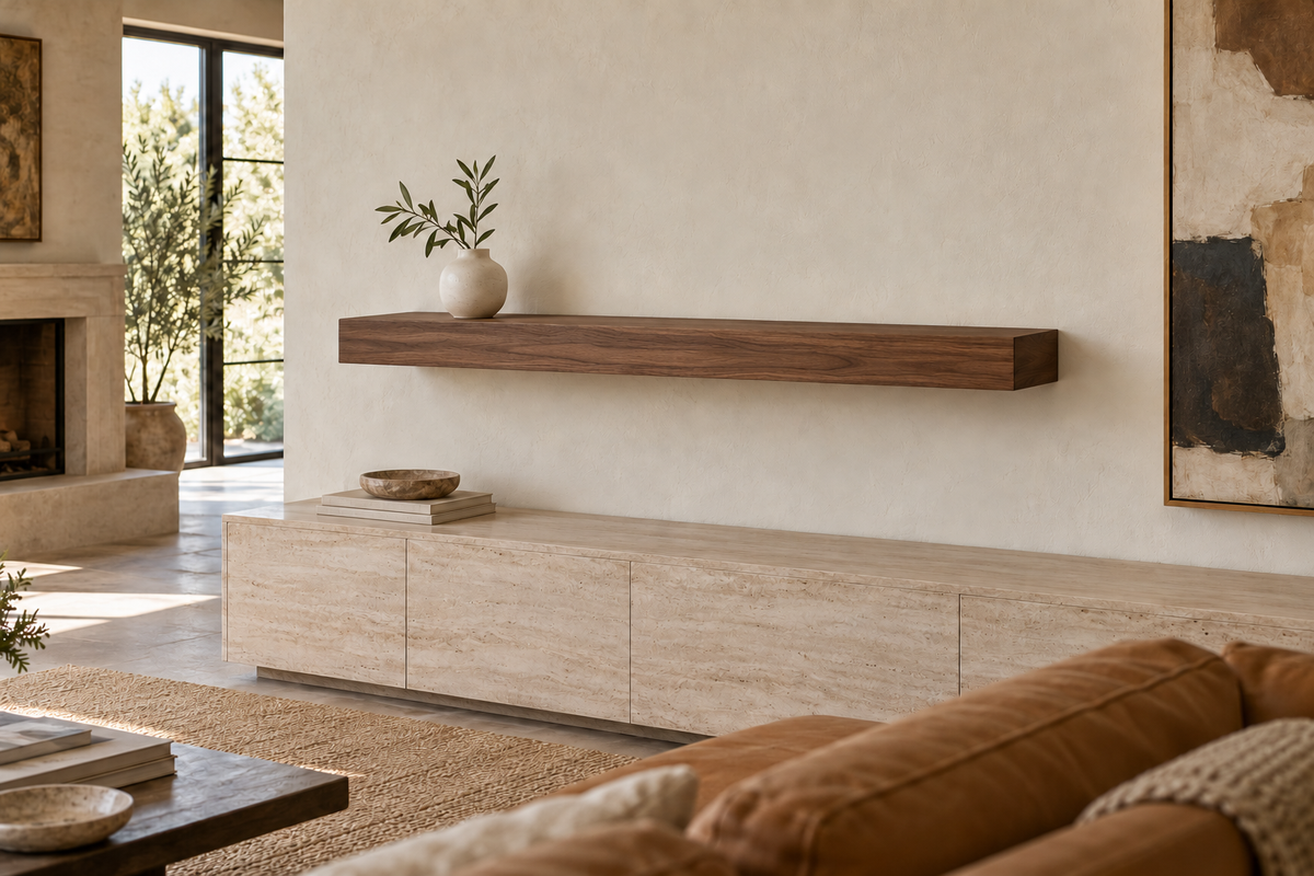 48 × 8 × 4 inch natural walnut floating shelf, standard mount, unlit, living-room rendering