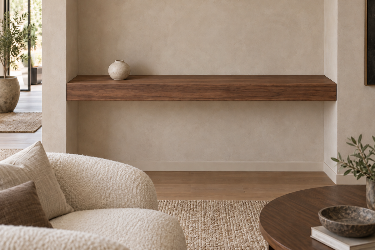 48 × 8 × 4 inch natural walnut floating shelf, wall-to-wall mount, unlit, living-room rendering