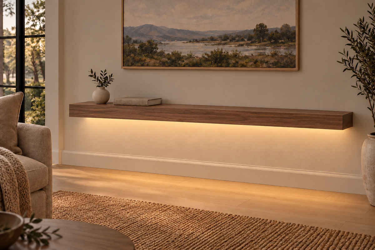 54-inch long, 3-inch thick natural walnut floating shelf, standard mount, LED-ready Bottom Front location shown with separately supplied lighting, living-room rendering