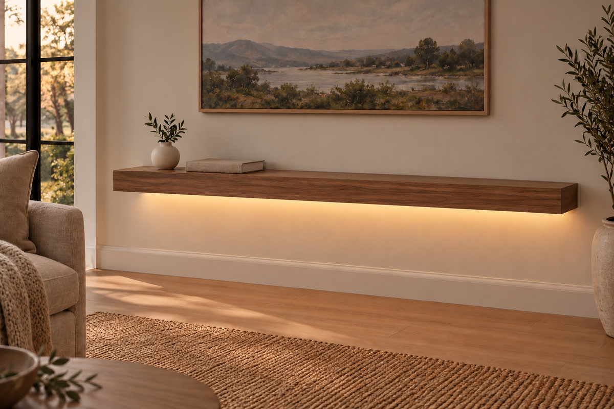 54-inch long, 3-inch thick natural walnut floating shelf, standard mount, LED-ready Bottom Rear location shown with separately supplied lighting, living-room rendering