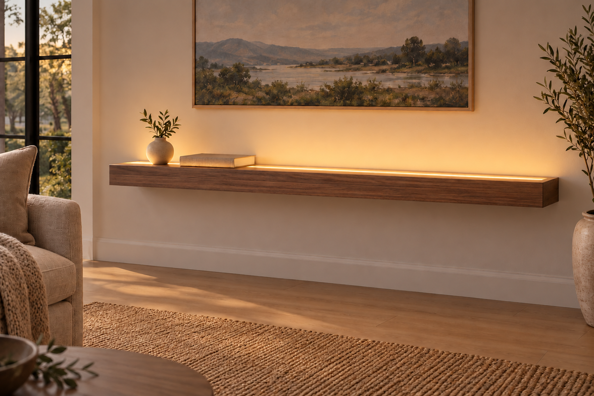 54 × 10 × 3 inch natural walnut floating shelf, standard mount, LED-ready Top Front location shown with separately supplied lighting, living-room rendering