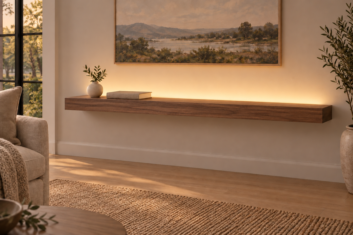 54-inch long, 3-inch thick natural walnut floating shelf, standard mount, LED-ready Top Rear location shown with separately supplied lighting, living-room rendering