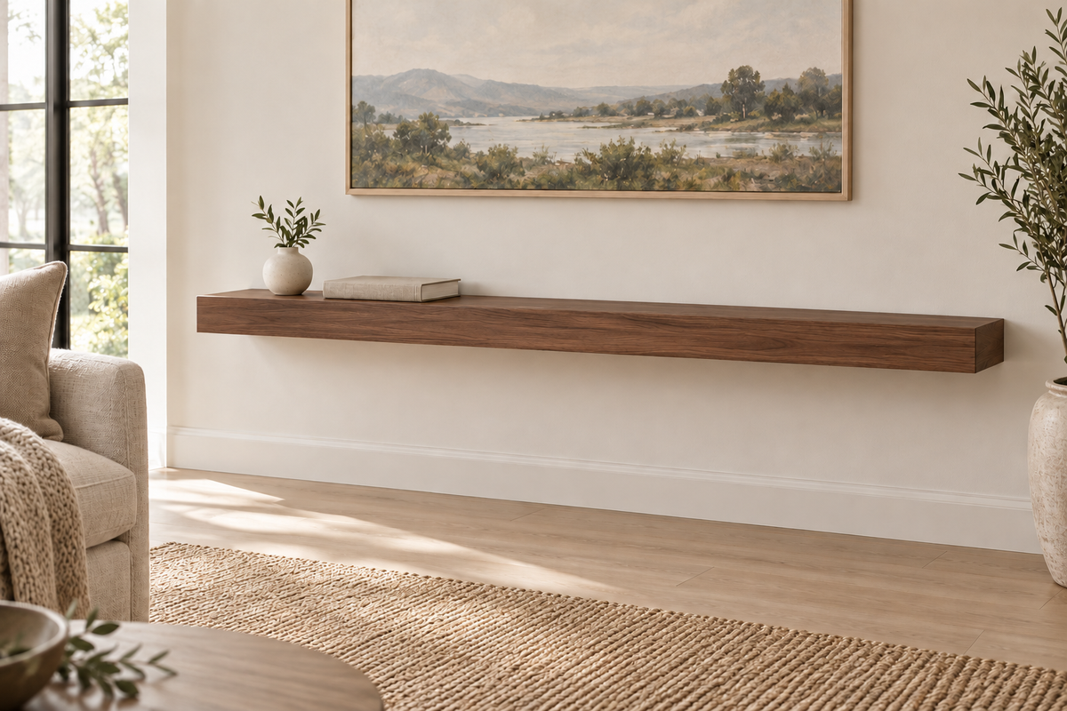 54-inch long, 3-inch thick natural walnut floating shelf, standard mount, unlit, living-room rendering