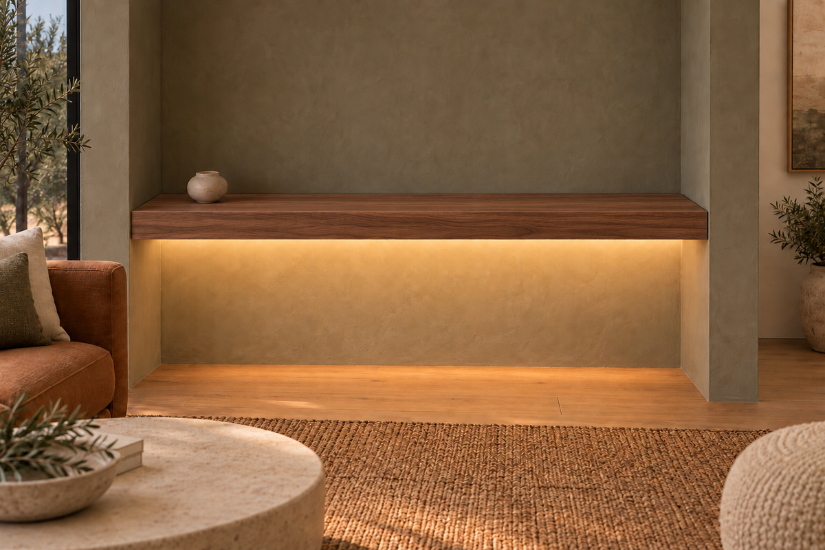 Gentry Stinson Walnut Floating Shelf | 54″ long × 3″ thick | Wall to Wall | Natural | LED Light Ready — Bottom Front location; rendering with separately supplied LED tape