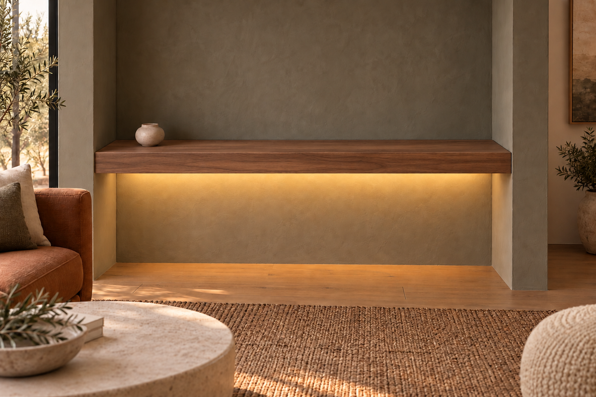Gentry Stinson Walnut Floating Shelf | 54″ long × 3″ thick | Wall to Wall | Natural | LED Light Ready — Bottom Rear location; rendering with separately supplied LED tape