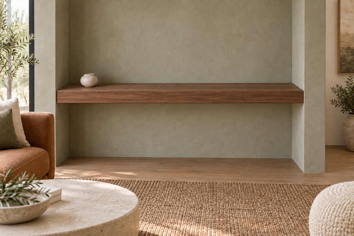 54 × 10 × 3 inch natural walnut floating shelf, wall-to-wall mount, unlit, living-room rendering