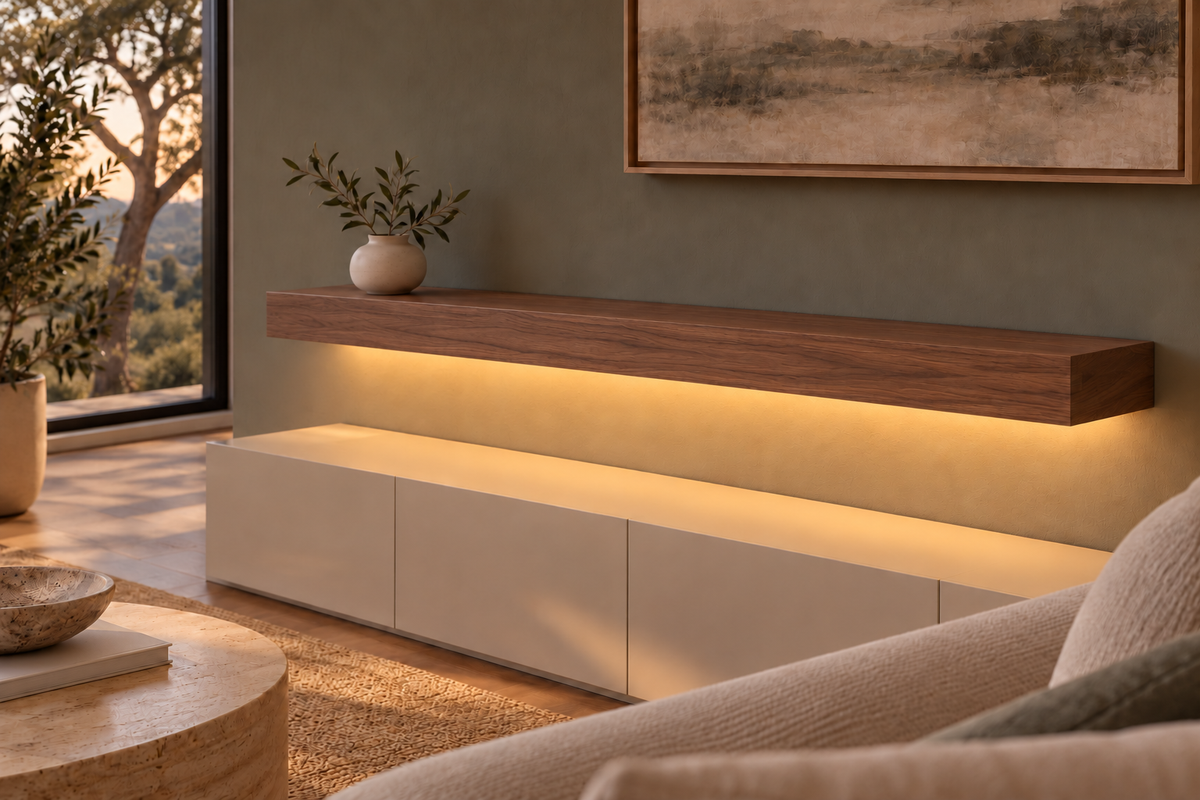 Gentry Stinson Walnut Floating Shelf | 54″ long × 4″ thick | Standard Mount | Natural | LED Light Ready — Bottom Front location; rendering with separately supplied LED tape