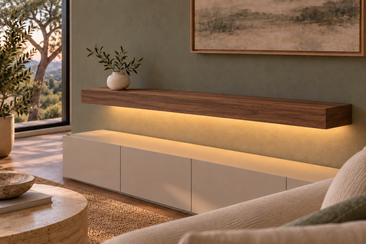 Gentry Stinson Walnut Floating Shelf | 54″ long × 4″ thick | Standard Mount | Natural | LED Light Ready — Bottom Rear location; rendering with separately supplied LED tape