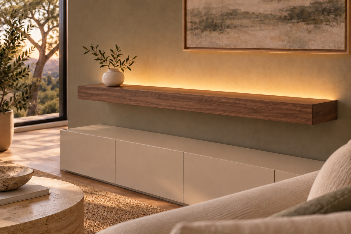 Gentry Stinson Walnut Floating Shelf | 54″ long × 4″ thick | Standard Mount | Natural | LED Light Ready — Top Rear location; rendering with separately supplied LED tape