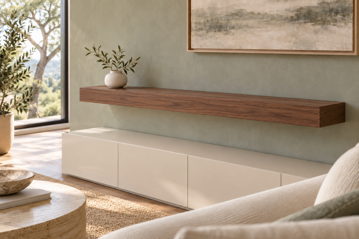 54-inch long, 4-inch thick natural walnut floating shelf, standard mount, unlit, living-room rendering